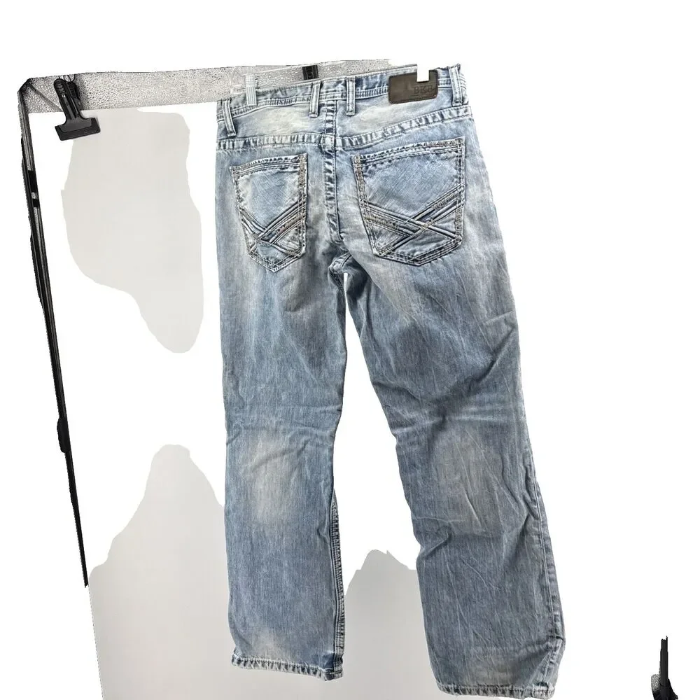 BKE Mens Jeans 32R Blue Denim Jake Straight Leg Whiskering Thick Stitch Street